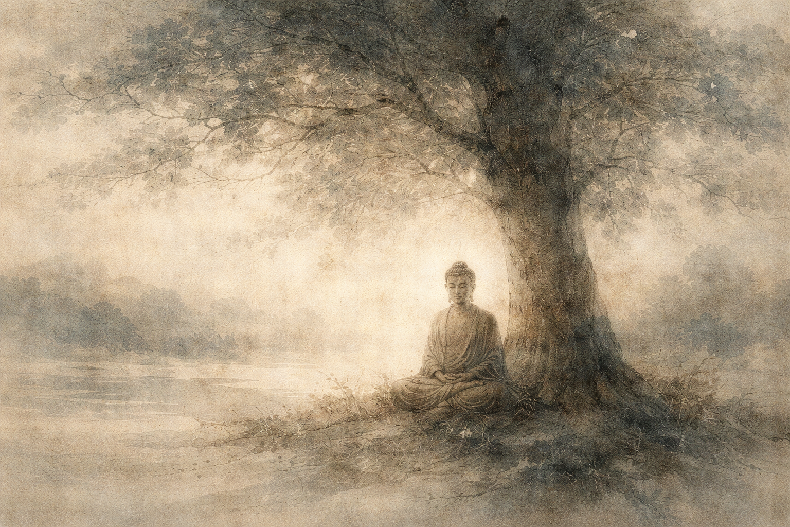 A Buddha figure meditating peacefully beneath a large tree beside calm water, symbolizing a meaningful and heartfelt Buddhist practice beyond mechanical routine