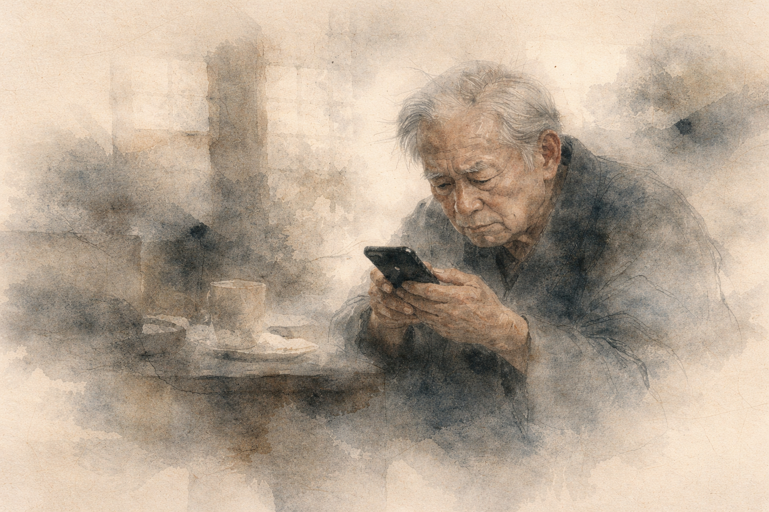 Older adult looking thoughtfully at a smartphone in a quiet indoor setting, rendered in a soft textured style that conveys reflection, simplicity, and the challenge of navigating meditation apps for beginners.
