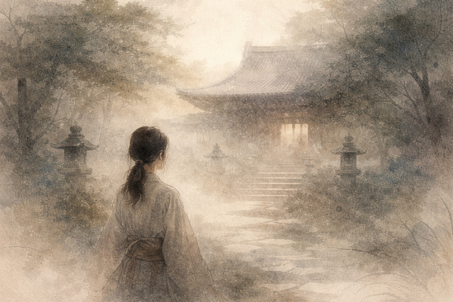 A visitor quietly approaching a traditional Japanese Buddhist temple through a misty garden path, reflecting the contemplative atmosphere that distinguishes sacred spaces from ordinary tourist sites