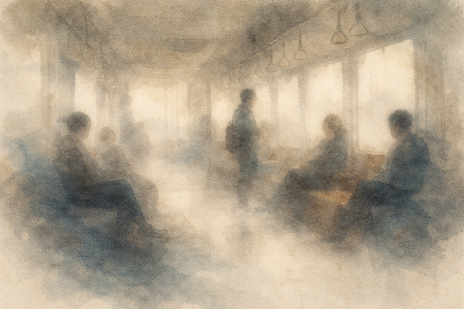 Abstract depiction of everyday people quietly sharing space in a softly blurred public setting, rendered in gentle ink textures that evoke mindfulness, ethical awareness, and the subtle presence of right action in ordinary daily life.