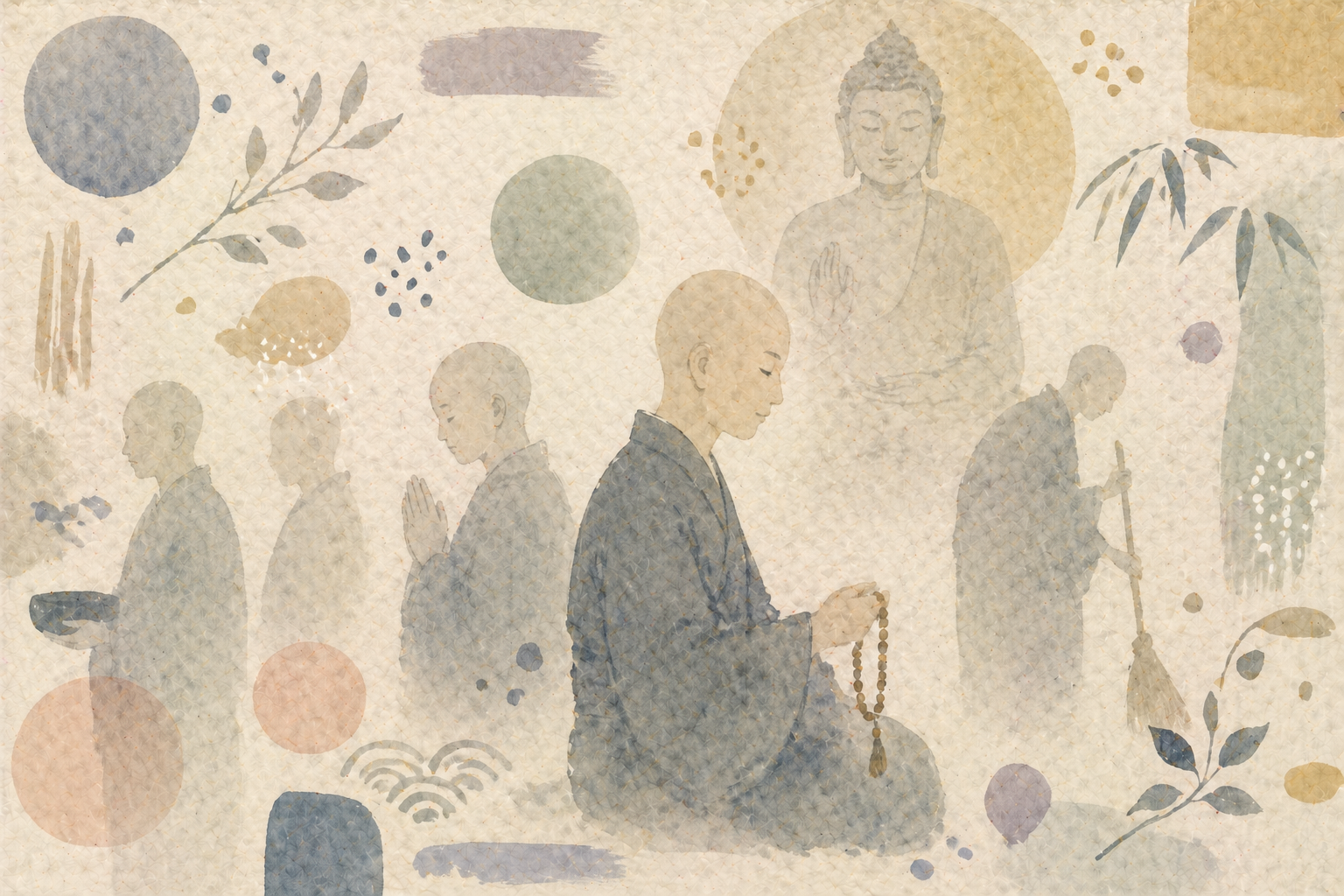Illustrated sequence of a Buddhist monk in different daily practices—walking, praying, meditating, and using prayer beads—set against soft abstract shapes and a faint Buddha figure, representing the disciplined rules and routines of monastic life