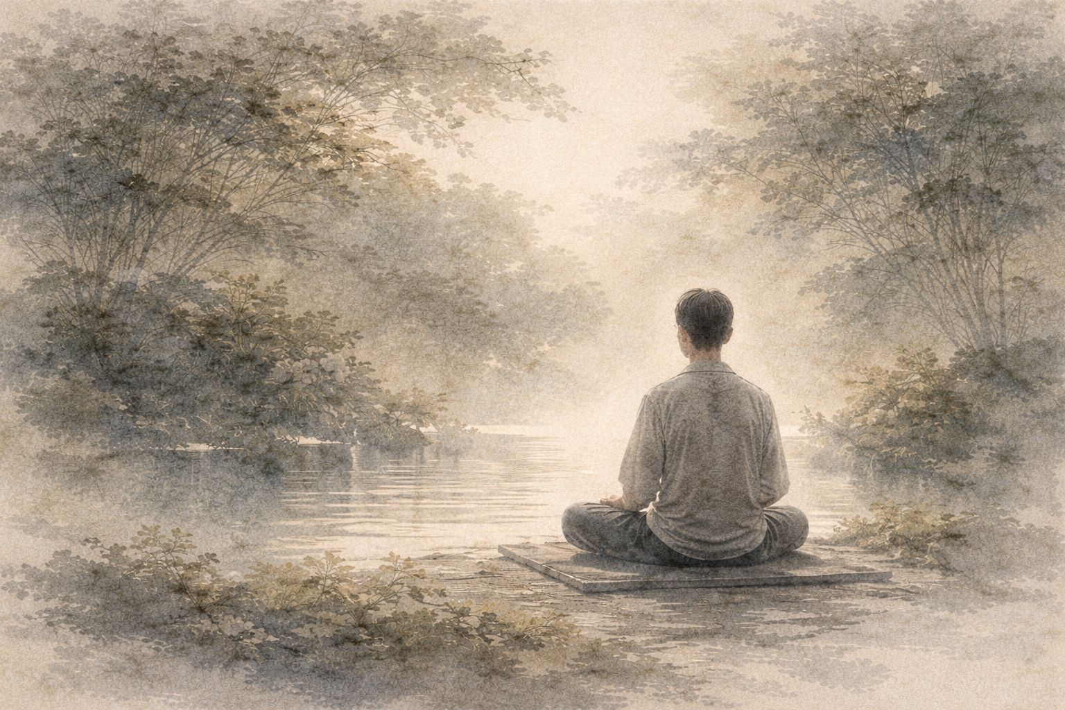 自然の中の静かな水辺で瞑想する人物。日常生活の中で実践できる世俗的仏教の実用的で身近なアプローチを象徴するイメージ