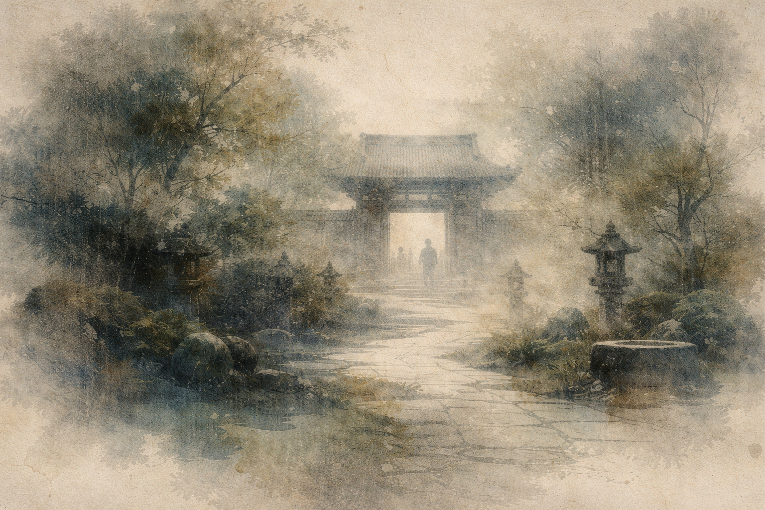 A solitary visitor approaching a traditional temple gate through a misty Japanese garden, symbolizing mindful observation when entering a sacred space
