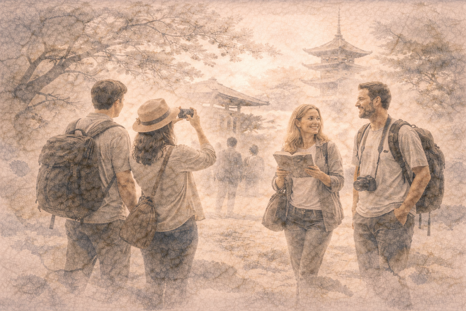 Abstract depiction of travelers moving through a softly rendered Japanese landscape where temples and everyday life subtly intertwine, evoking how Buddhist influence quietly exists within ordinary culture, often unnoticed by visitors.