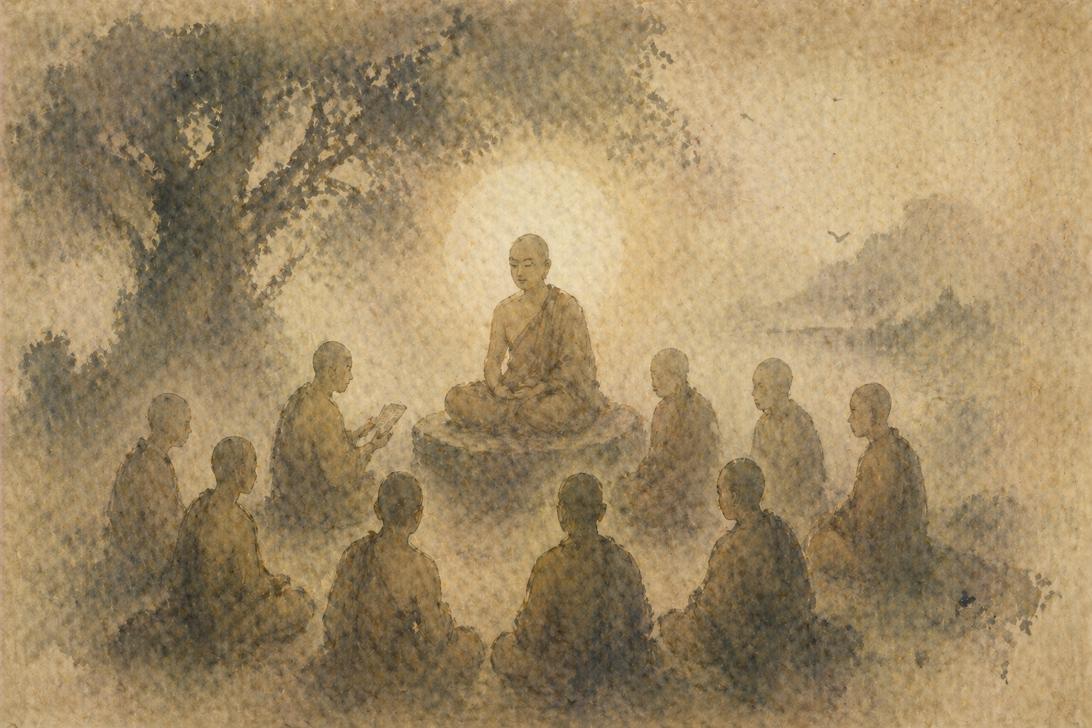 A calm gathering of early Buddhist monks seated in a circle around a central teacher, with one monk reciting from memory—evoking the First Buddhist Council and the preservation of the Buddha’s teachings