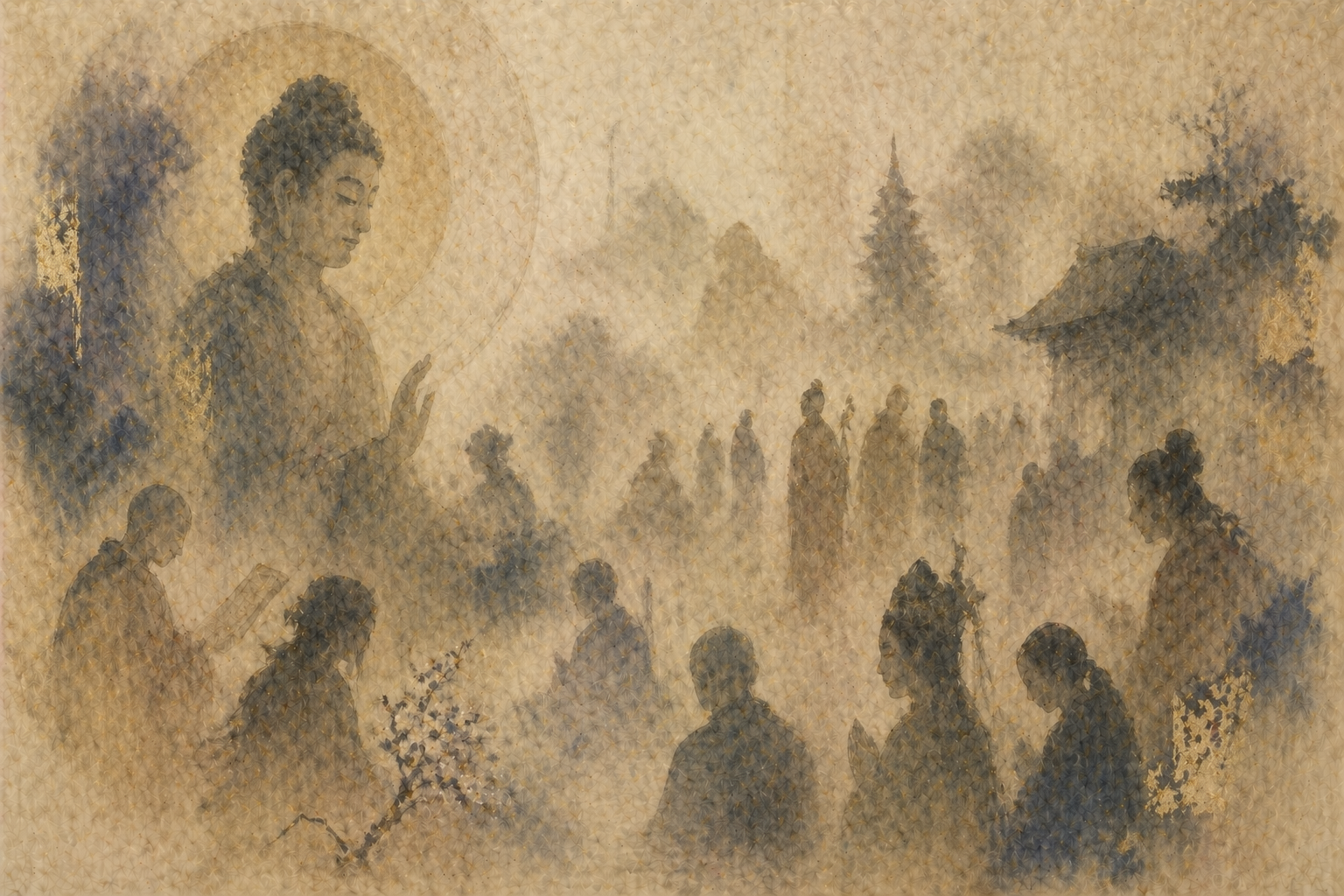 祈る人々やぼんやりとした存在、穏やかな仏の姿が重なり合う霧の情景。祖先・霊・亡き人の違いとつながりを仏教的に表現している