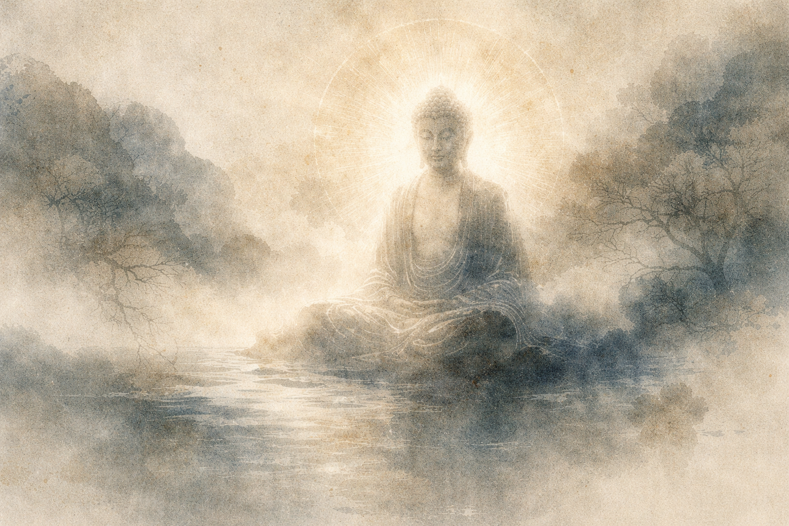 A luminous Buddha seated in meditation above a calm landscape, surrounded by soft radiating light, suggesting the timeless origin and unfolding of Buddhism