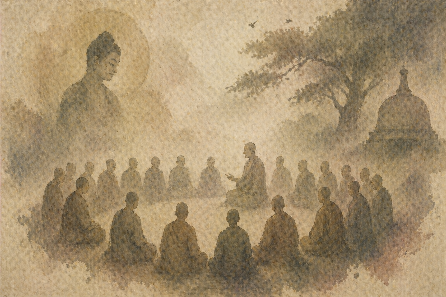 A teacher sits at the center of a circle of monks, offering guidance, with a faint image of the Buddha above and a tree and stupa in the background, symbolizing the early beginnings of Buddhism in India