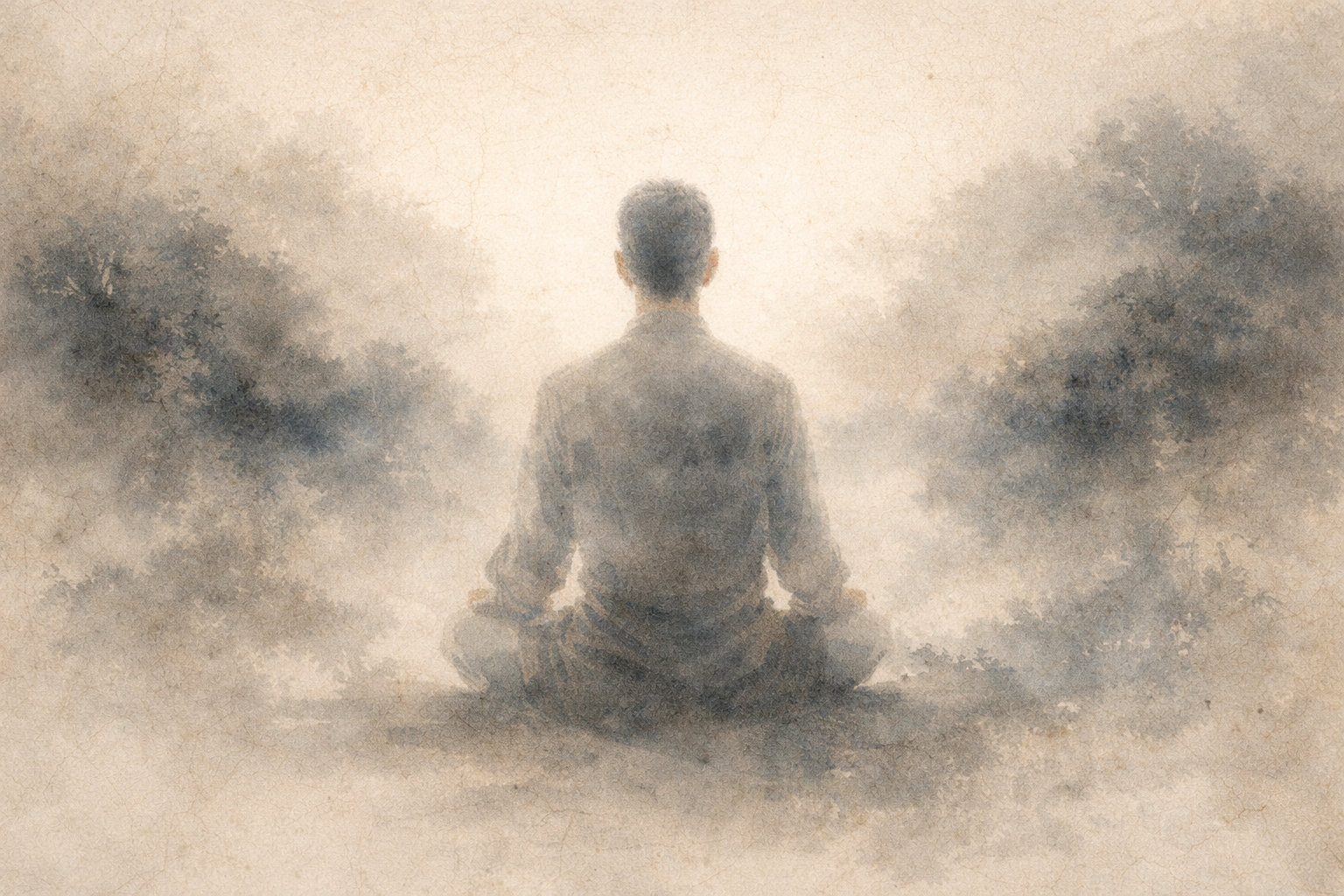 やわらかな霧に包まれた風景に向かって静かに瞑想する人物の後ろ姿を描き、仏教の道の最初の一歩を象徴する、簡素さと内省を感じさせる柔らかな墨調のイメージ。