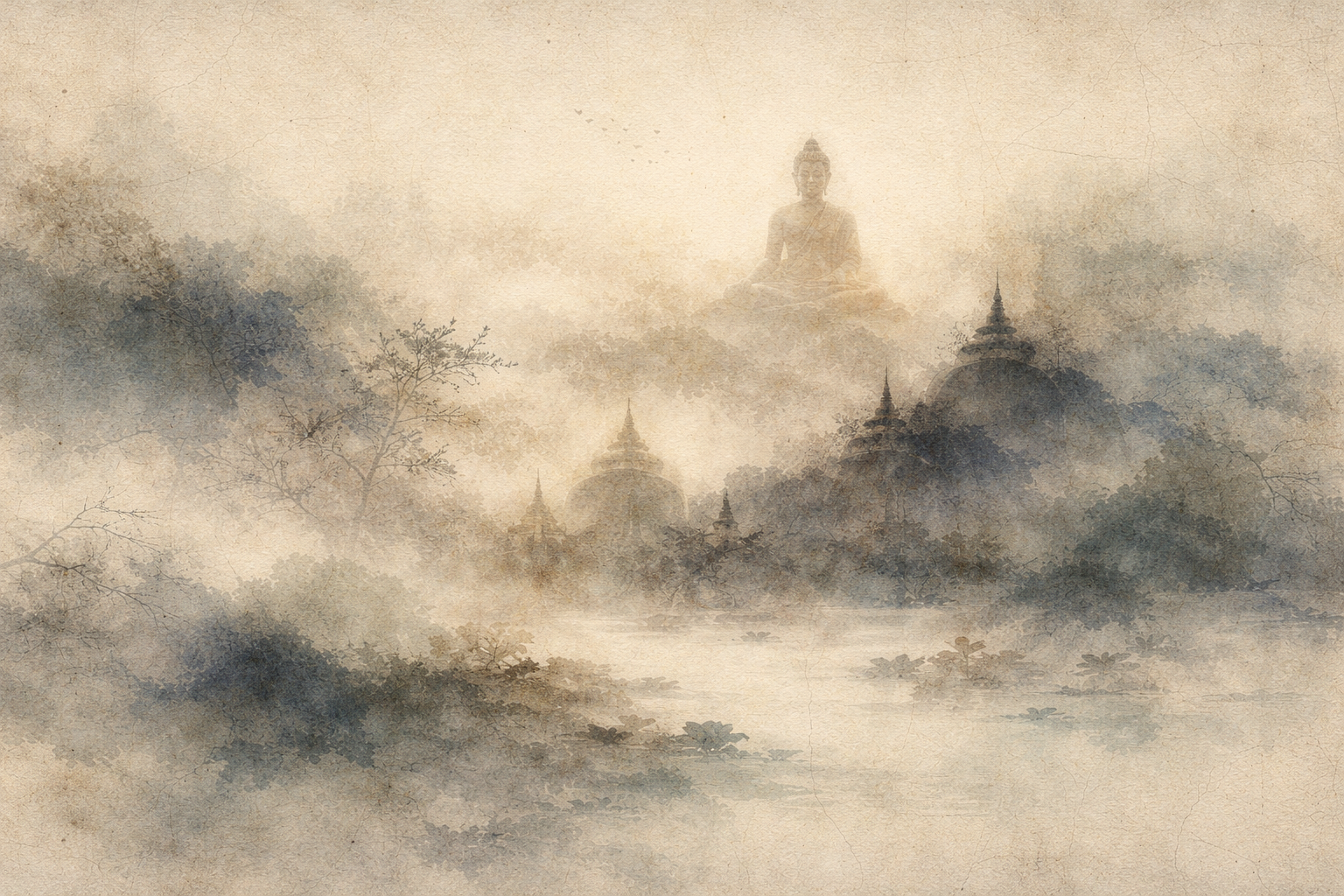 Abstract depiction of a serene Buddha figure above a misty landscape with ancient temple silhouettes, rendered in soft ink textures that evoke the spiritual legacy and historical influence associated with Ashoka’s support of Buddhism.
