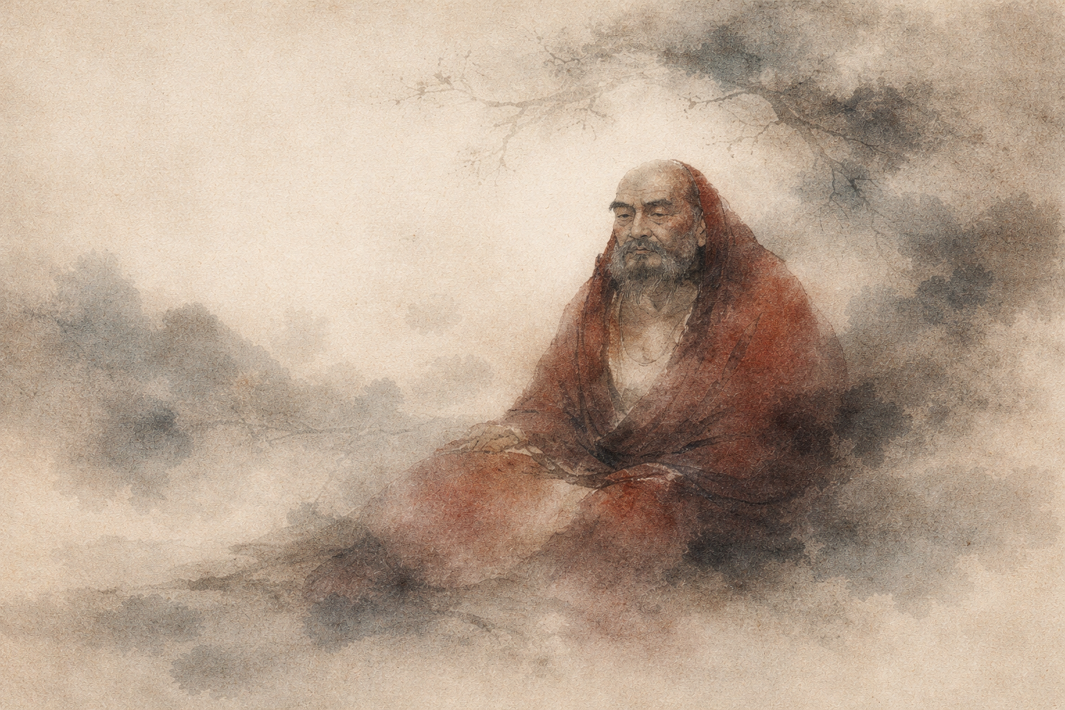 Watercolor-style image of an elderly monk in traditional robes sitting quietly in contemplation, surrounded by soft mist, symbolizing Bodhidharma and the origins of Zen teachings associated with discipline, meditation, and insight.