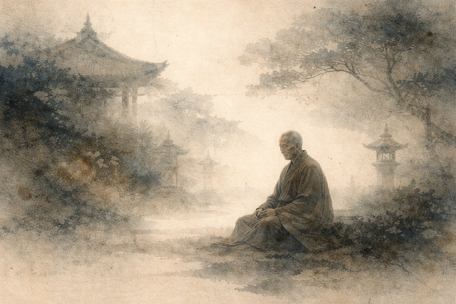 Abstract depiction of Dogen, the Zen teacher, seated in meditation within a quiet temple landscape, surrounded by mist and traditional architecture, conveying stillness and the contemplative spirit of Zen practice.