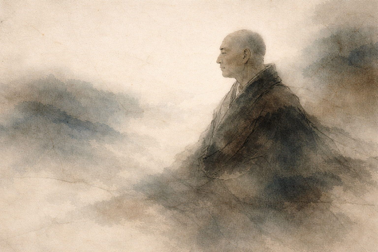 Abstract depiction of Kukai, the Buddhist monk, shown in quiet profile amid soft mist and flowing ink textures, expressing contemplative presence and the spiritual depth of Shingon tradition.