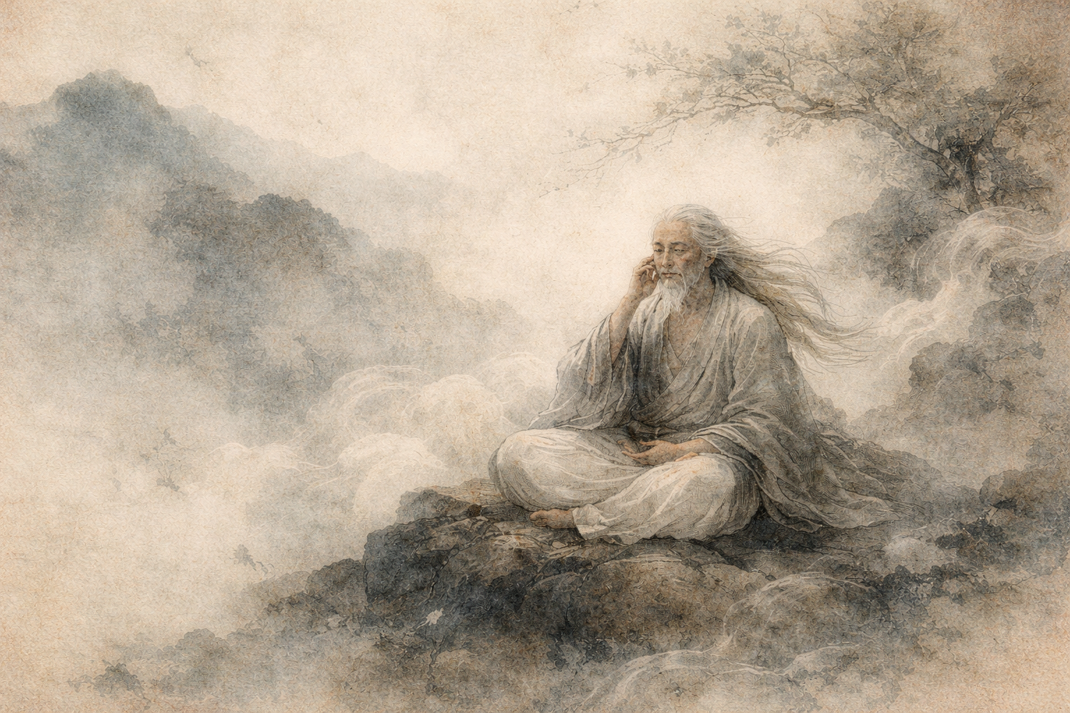 Abstract depiction of Milarepa, the Tibetan yogi, seated in meditation on a rocky mountain landscape, surrounded by mist and wind, rendered in a soft ink wash style on aged paper.