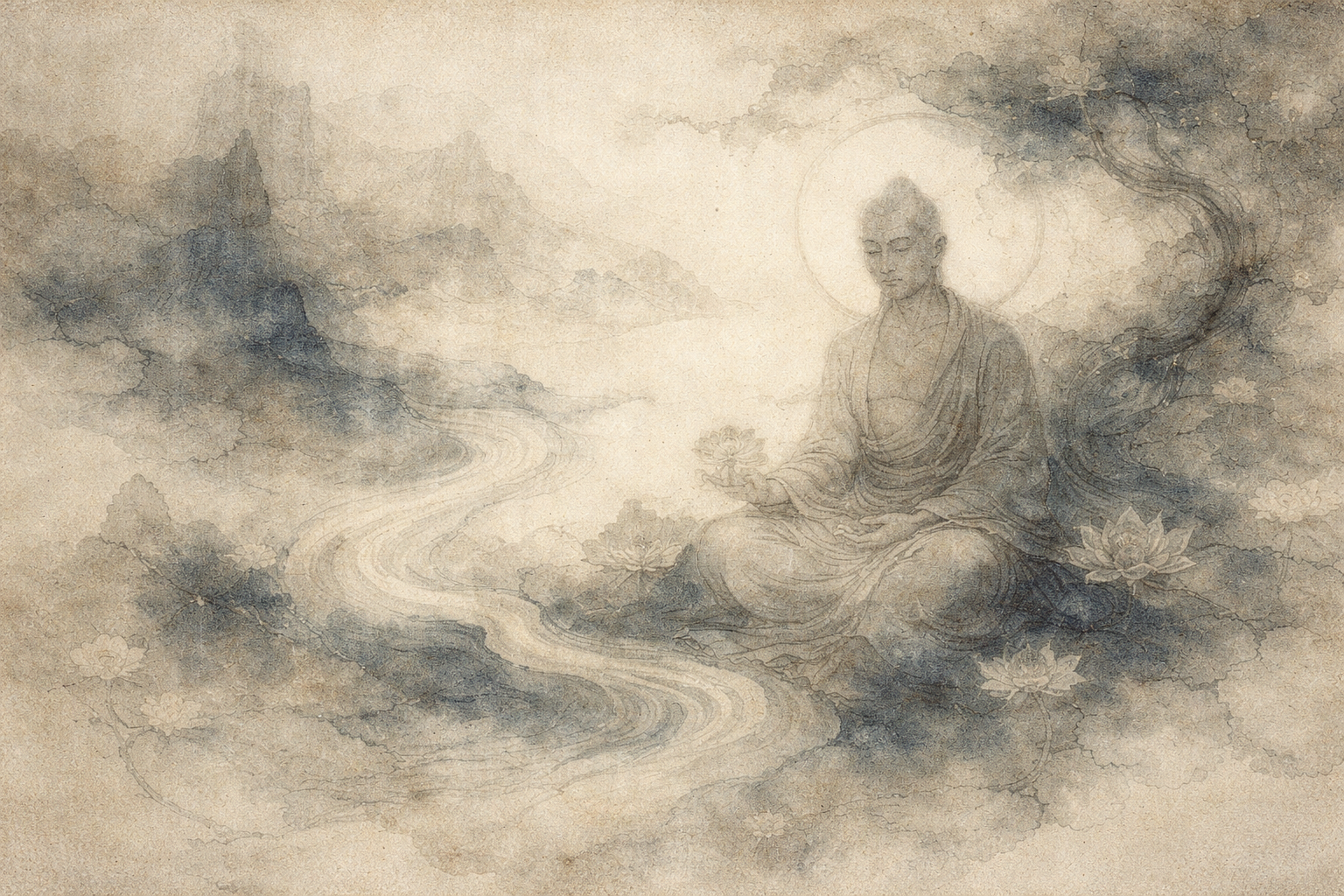 Abstract depiction of a serene Buddhist monk symbolizing Nagarjuna, seated in meditation beside a flowing river with lotus flowers, rendered in soft ink wash on aged paper.
