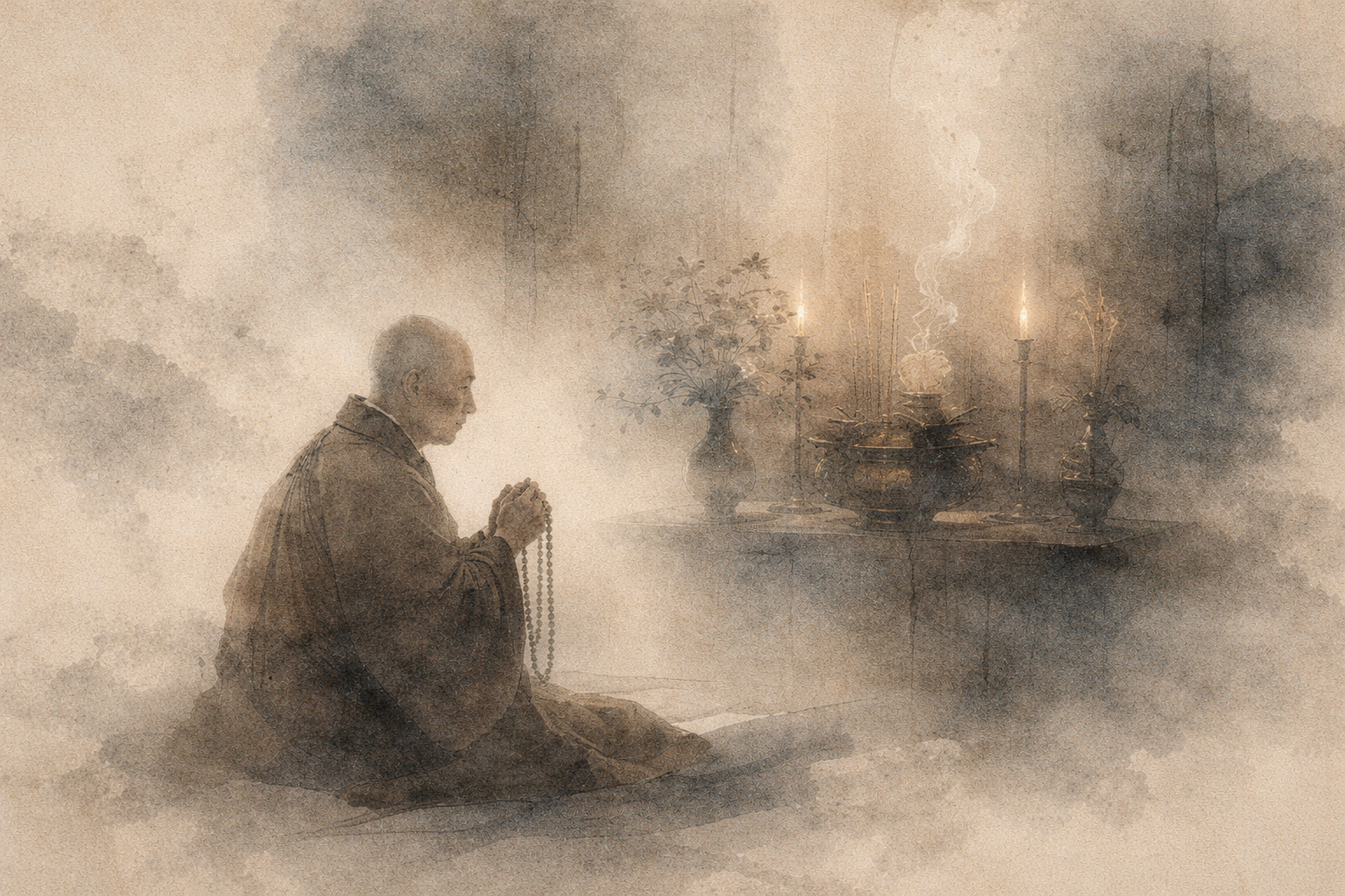 Abstract depiction of Nichiren, the Buddhist monk, kneeling in prayer before a simple altar with candles and incense, rendered in soft ink textures that convey devotion, stillness, and the central importance of the Lotus Sutra.