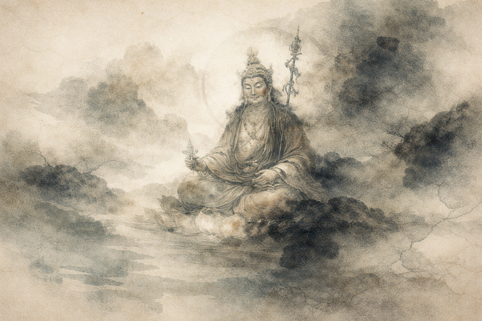 Abstract depiction of Padmasambhava seated on a lotus, holding ritual objects, surrounded by mist and soft ink textures that evoke mystery, wisdom, and the spiritual origins of Tibetan Buddhism.