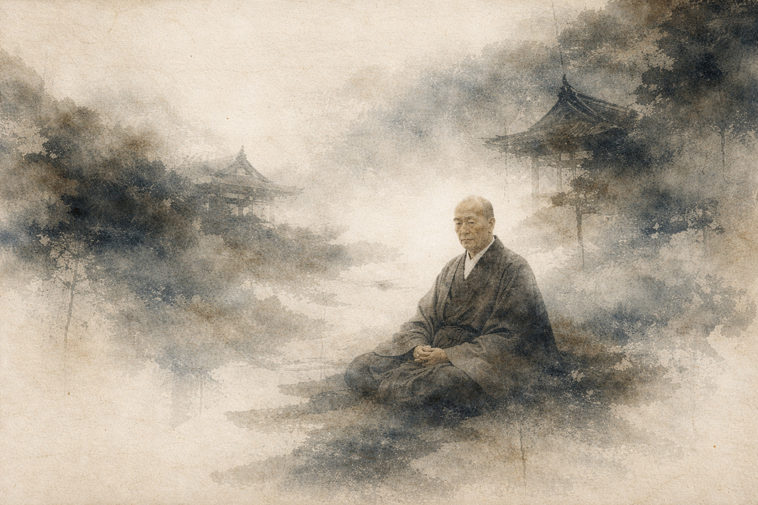 Abstract depiction of Shinran, the Buddhist teacher, seated in meditation within a misty temple setting, rendered in soft ink textures that evoke humility, reflection, and the spiritual depth of Jodo Shinshu tradition.