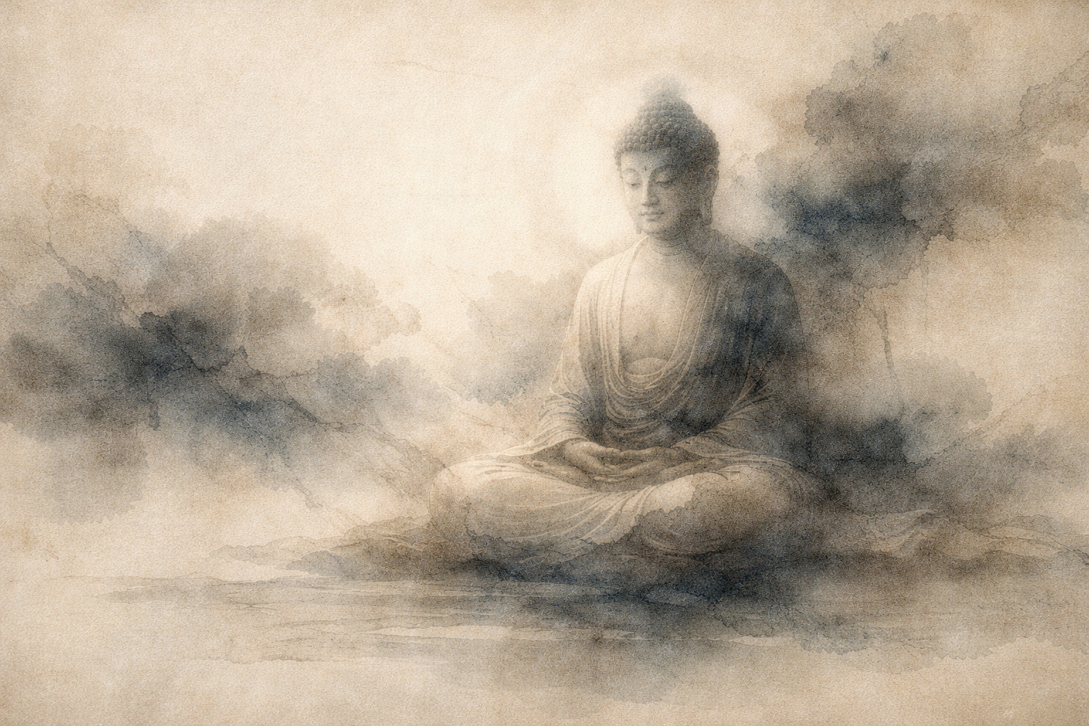 Watercolor-style image of the Buddha seated in meditation, surrounded by soft mist, symbolizing the life and awakening of Siddhartha Gautama and the calm wisdom associated with Buddhist teachings.