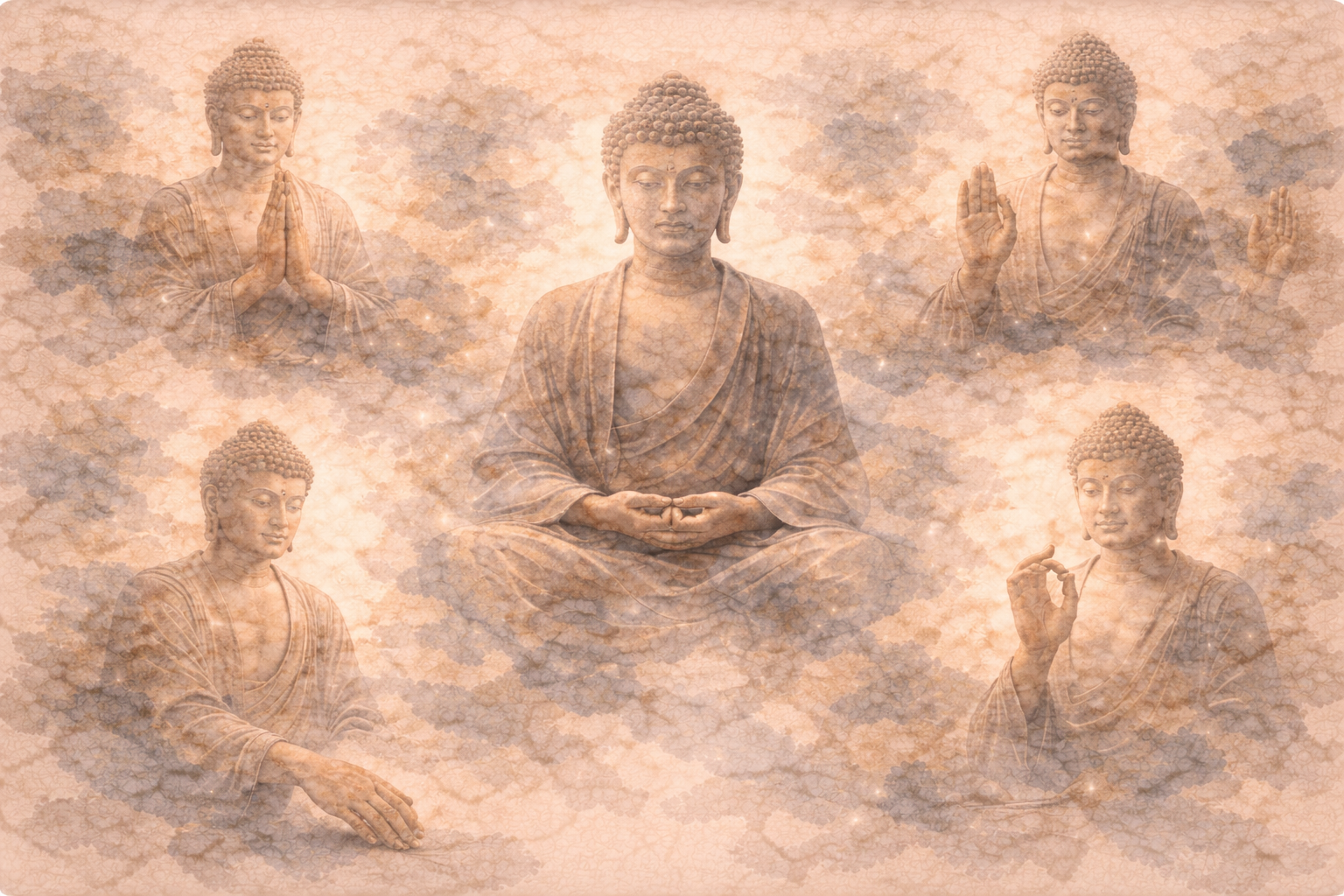 Abstract depiction of multiple Buddha figures appearing through softly layered ink textures, each displaying a different hand gesture (mudra), symbolizing distinct teachings such as meditation, compassion, reassurance, and wisdom.