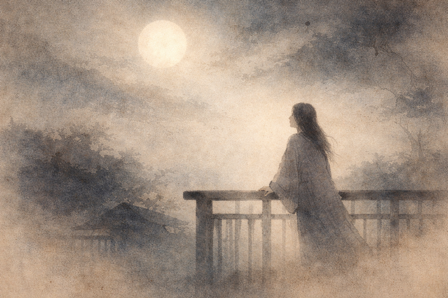 A solitary figure stands on a quiet balcony, gazing at a soft, glowing moon through misty clouds, evoking contemplation of the unknown rather than fixed beliefs about the afterlife