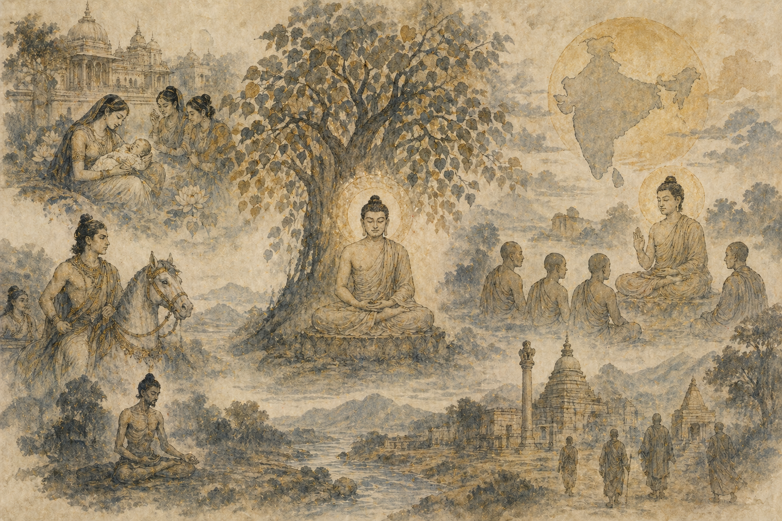 A series of interconnected scenes from the Buddha’s life—birth, renunciation, awakening, teaching, and the journey of followers—set within a timeless landscape, reflecting Buddhism’s view of life and death as part of an ongoing cycle rather than a single end
