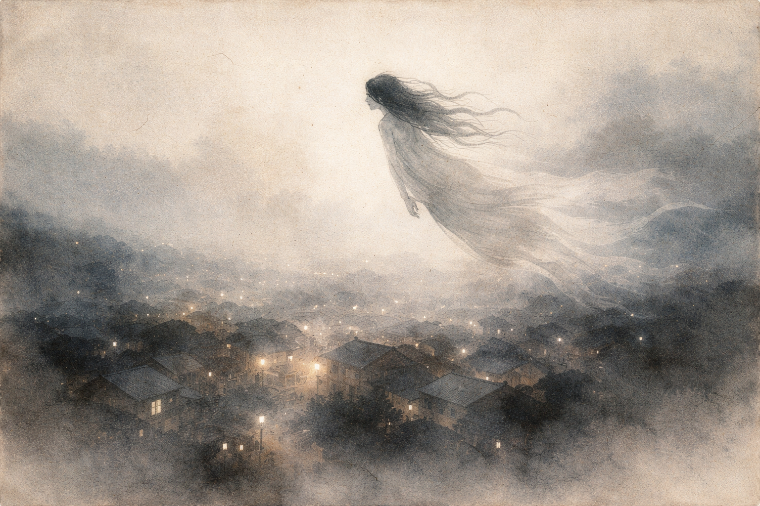 A ghostly, translucent figure drifting above a dimly lit town at night, surrounded by mist—evoking the Buddhist idea of “hungry ghosts” as beings driven by longing and dissatisfaction rather than literal monsters