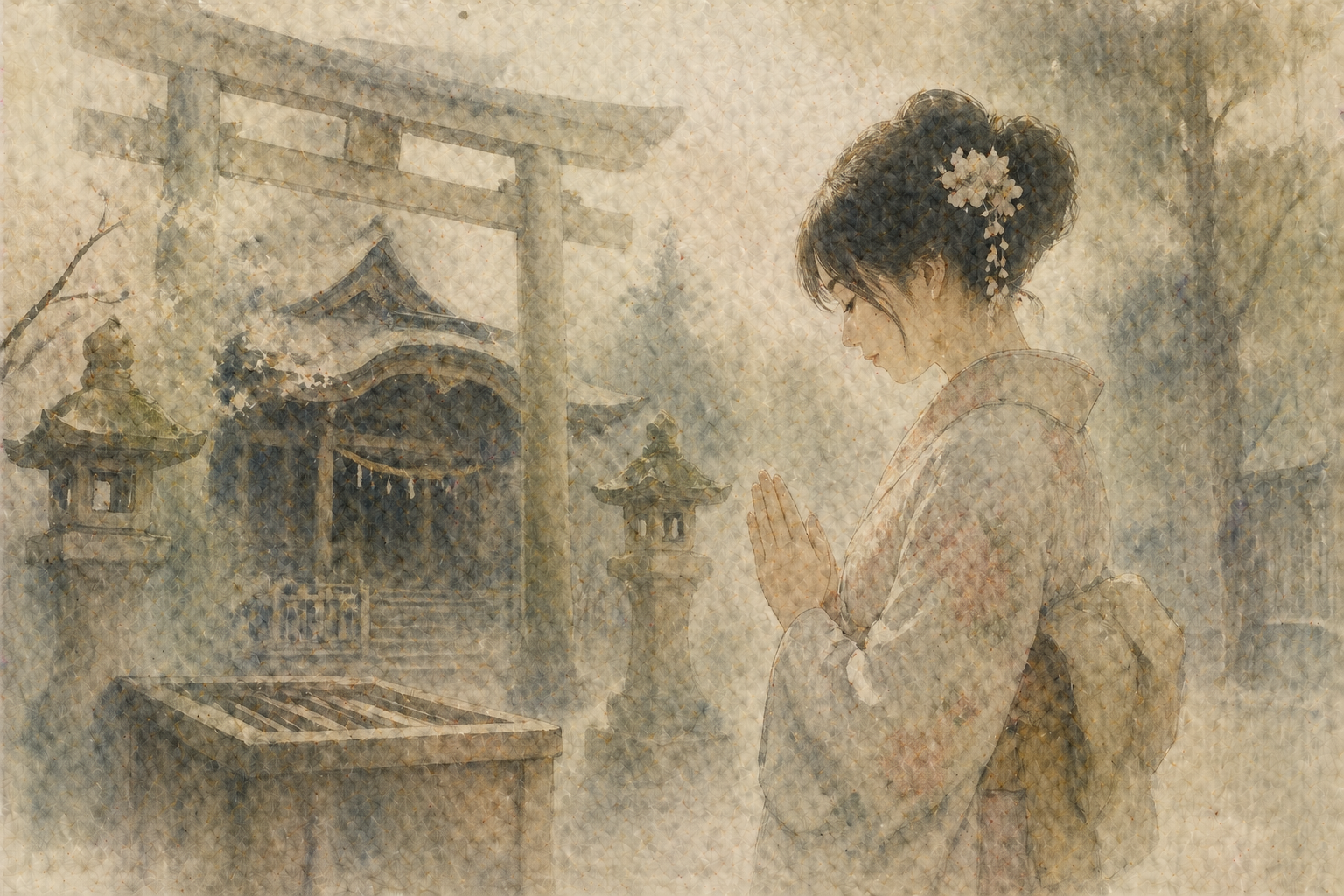 伝統的な装いの女性が静かな寺院の門の前で手を合わせて祈っている。やわらかく落ち着いた風景の中で、仏教の戒律が単なる制限ではなく、意図・敬意・内なる自由へと向かう道であることを表している