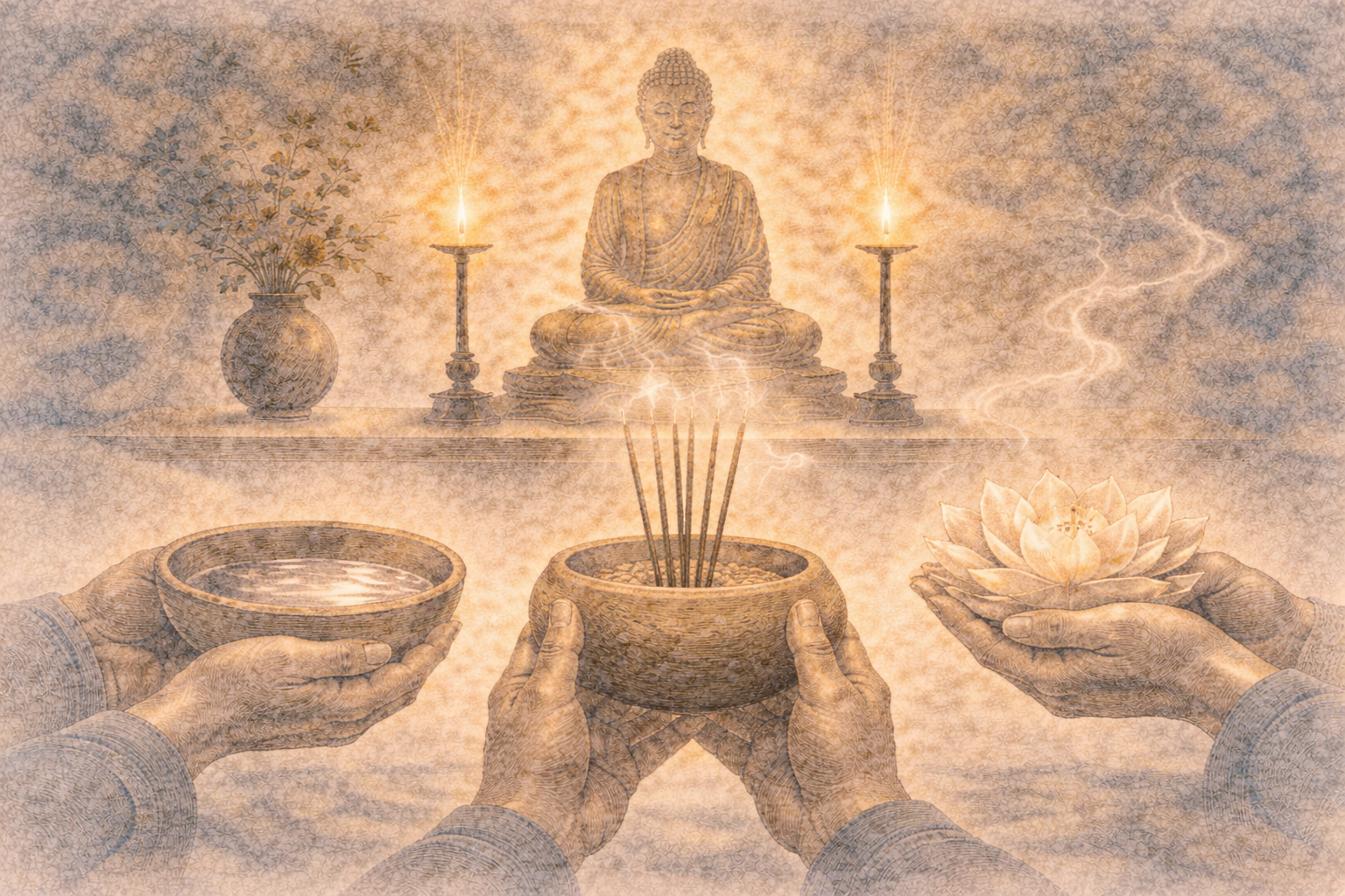 Hands offering water, incense, and a lotus before a softly glowing Buddha altar—symbolizing how simple Buddhist observances continue to nurture mindfulness, gratitude, and connection in everyday life