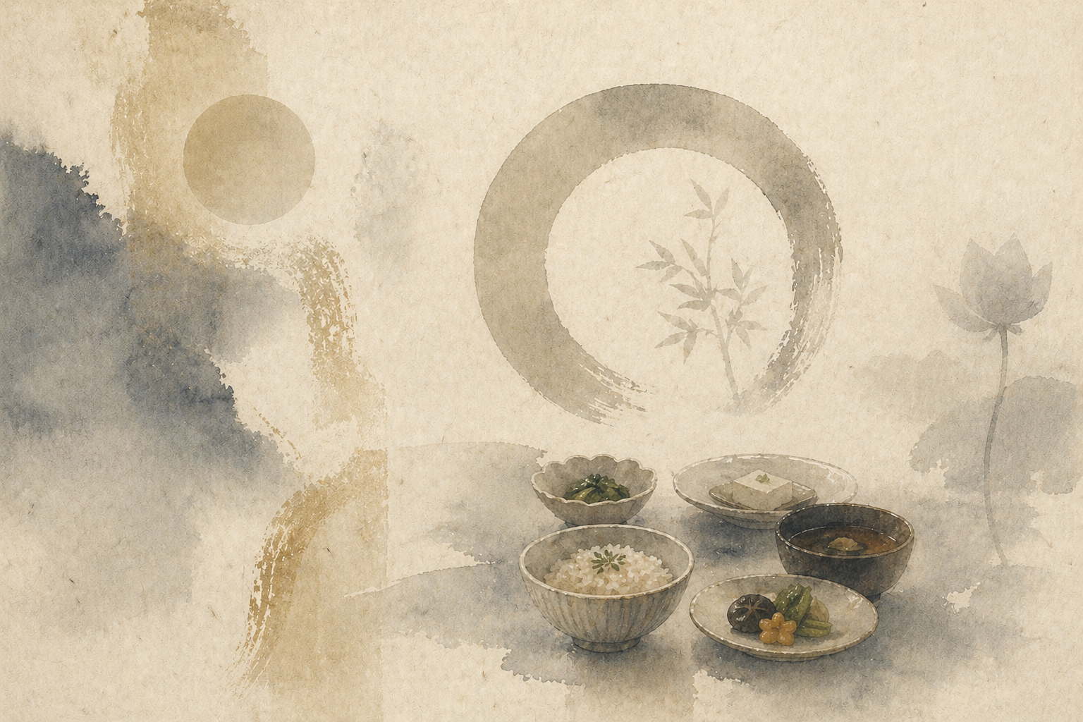 ご飯、豆腐、野菜、汁物がシンプルな器に整えられ、禅の円相や自然の要素とともに描かれた精進料理の風景。仏教寺院の食事における静かな質素さ、調和、そして節度ある心を表している