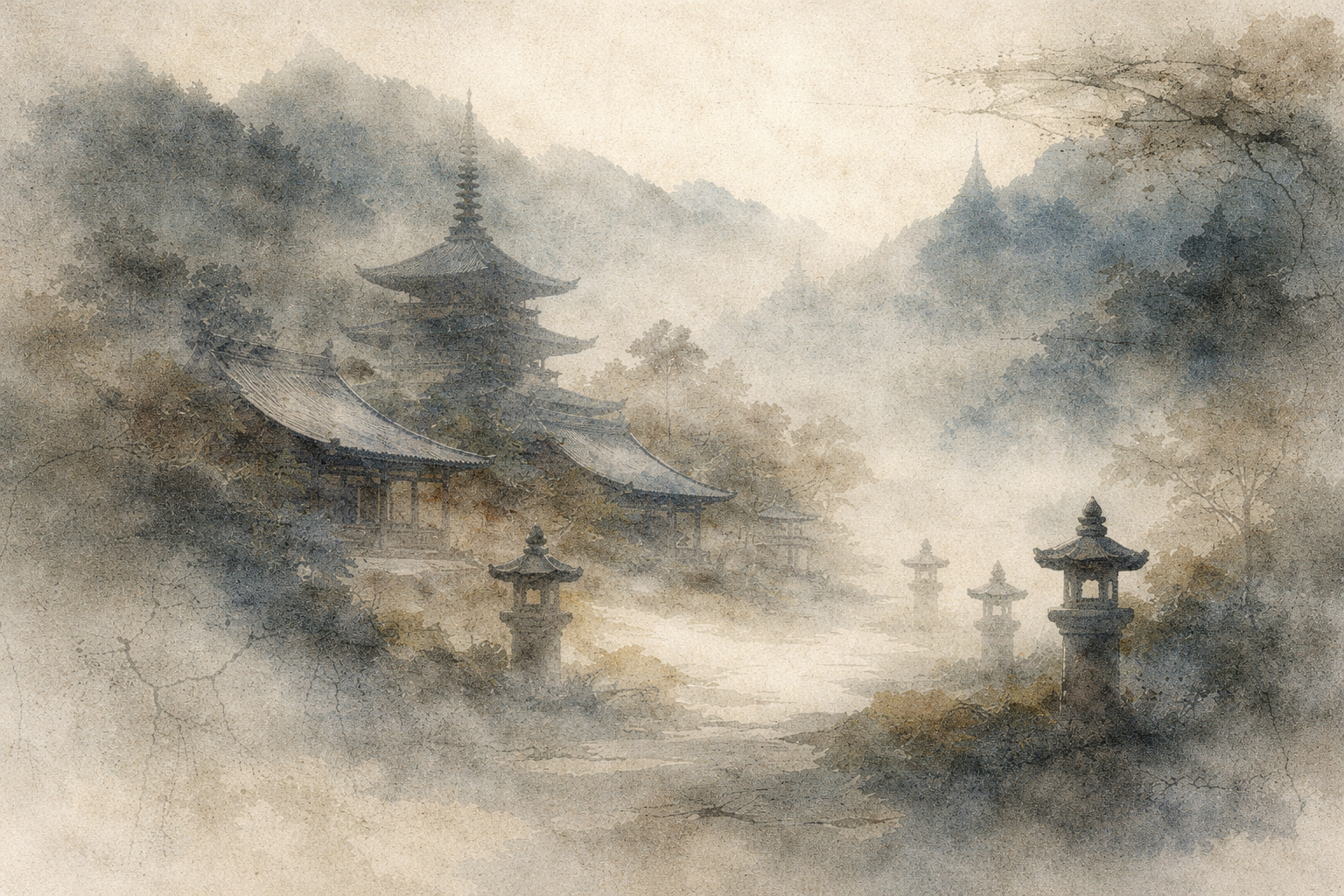 霧に包まれた山々と石灯籠に囲まれた日本の仏教寺院と五重塔。神聖な空間に感じられる静けさと秩序を表現したイメージ