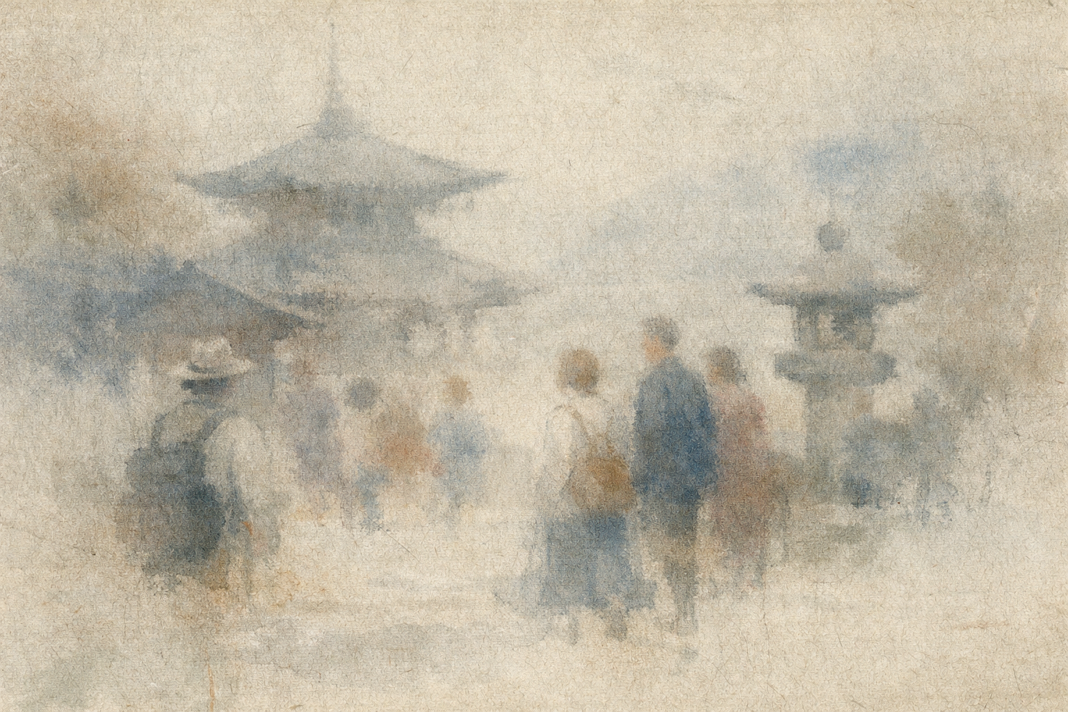 やわらかくぼやけた人々が寺院の空間を行き交う風景。信仰の有無に関わらず、日本の寺院が自然で親しみやすく感じられることを表している