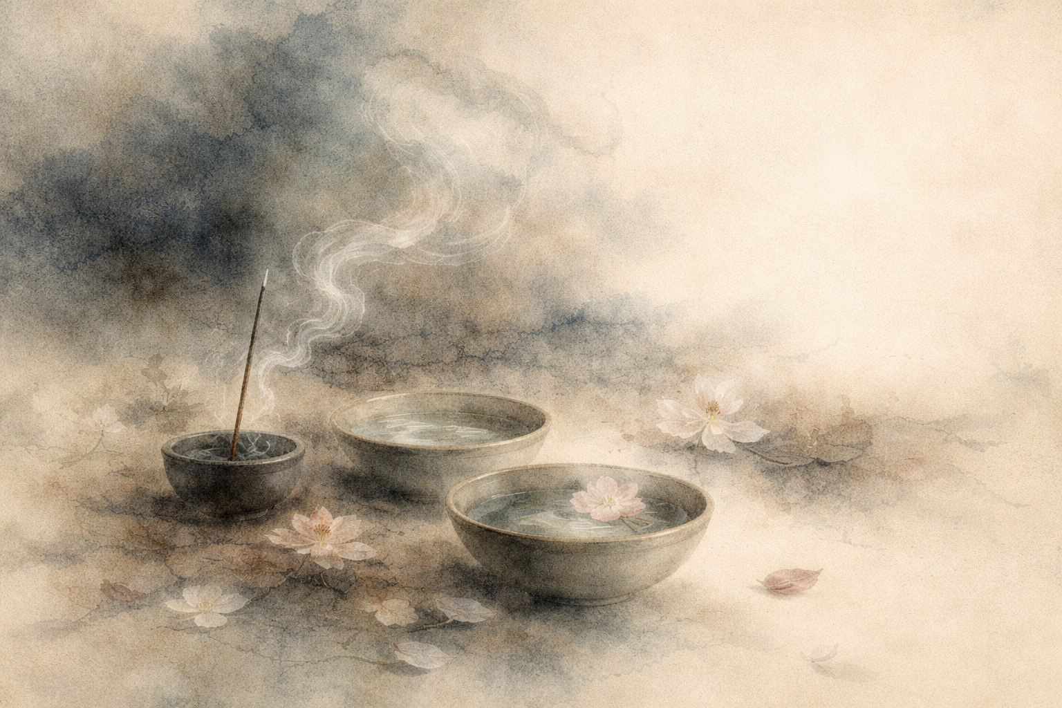 Simple bowls of water and a stick of incense with soft drifting smoke, surrounded by delicate flowers, expressing how everyday offerings in Buddhism symbolize clarity, impermanence, respect, and quiet intention