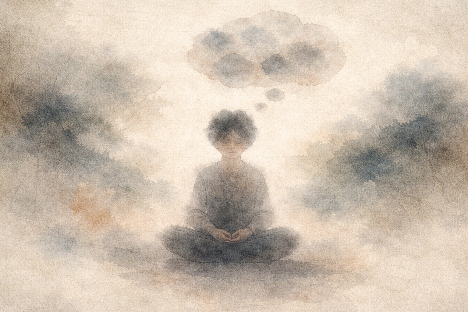 Abstract depiction of a person seated in meditation with soft cloud-like thoughts forming above, rendered in gentle ink textures that evoke the natural flow of thinking and the beginner’s experience of a busy mind during meditation.