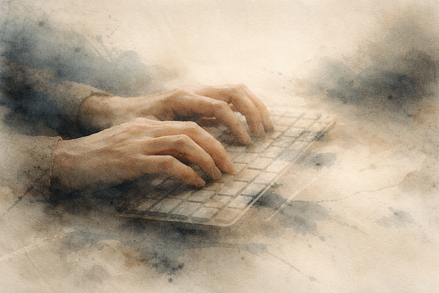Abstract depiction of hands typing on a keyboard emerging from soft ink textures, symbolizing continuous digital input and the mental strain that can make sustained attention more difficult.