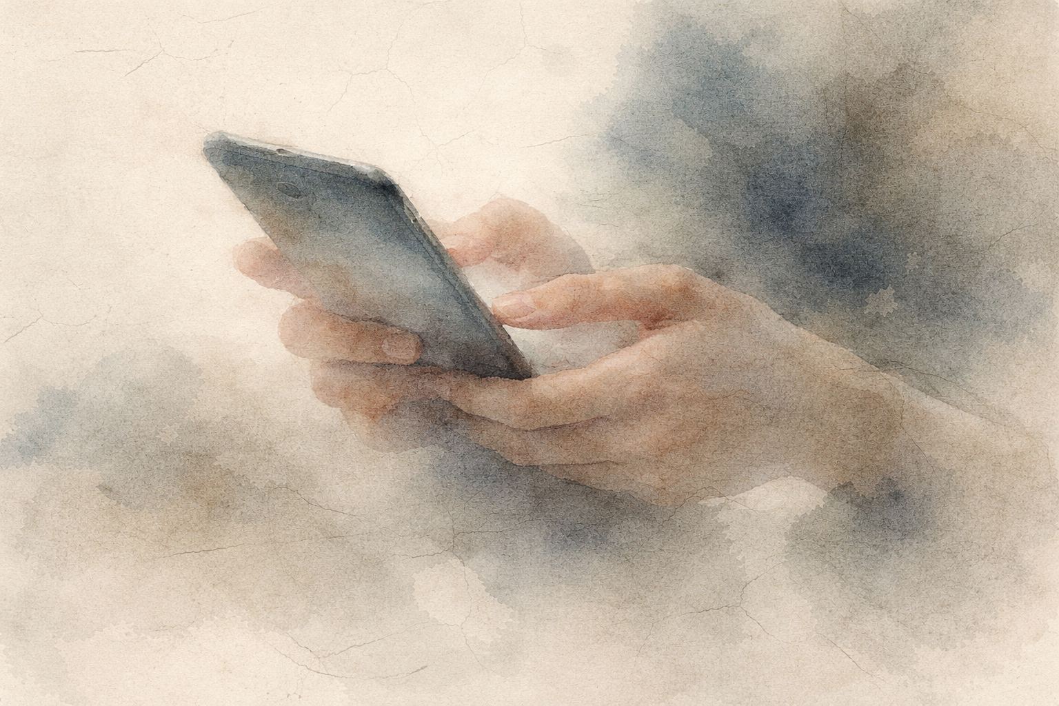 スマートフォンをやさしく持つ手元の描写。仏教において戒を受ける理由が、日常の行動を意識的に整え、明晰さと倫理観を育むためであることを象徴している