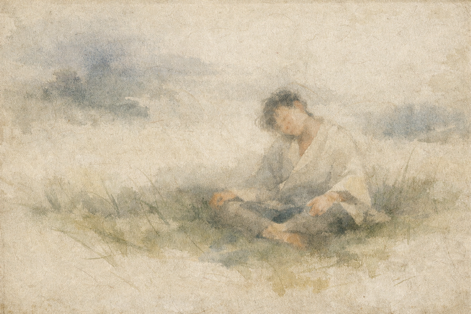 Abstract depiction of a person gently nodding forward while seated in meditation within a soft, quiet landscape, rendered in delicate ink textures that evoke calm, fatigue, and the common beginner experience of sleepiness during meditation.