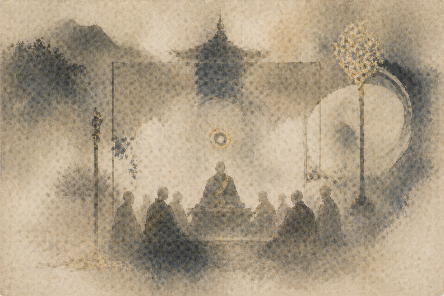 A group of practitioners gathered around a teacher in a quiet temple setting, framed by soft natural elements and a crescent-like arc—evoking shared intention, learning, and the deeper purpose behind Buddhist pilgrimage