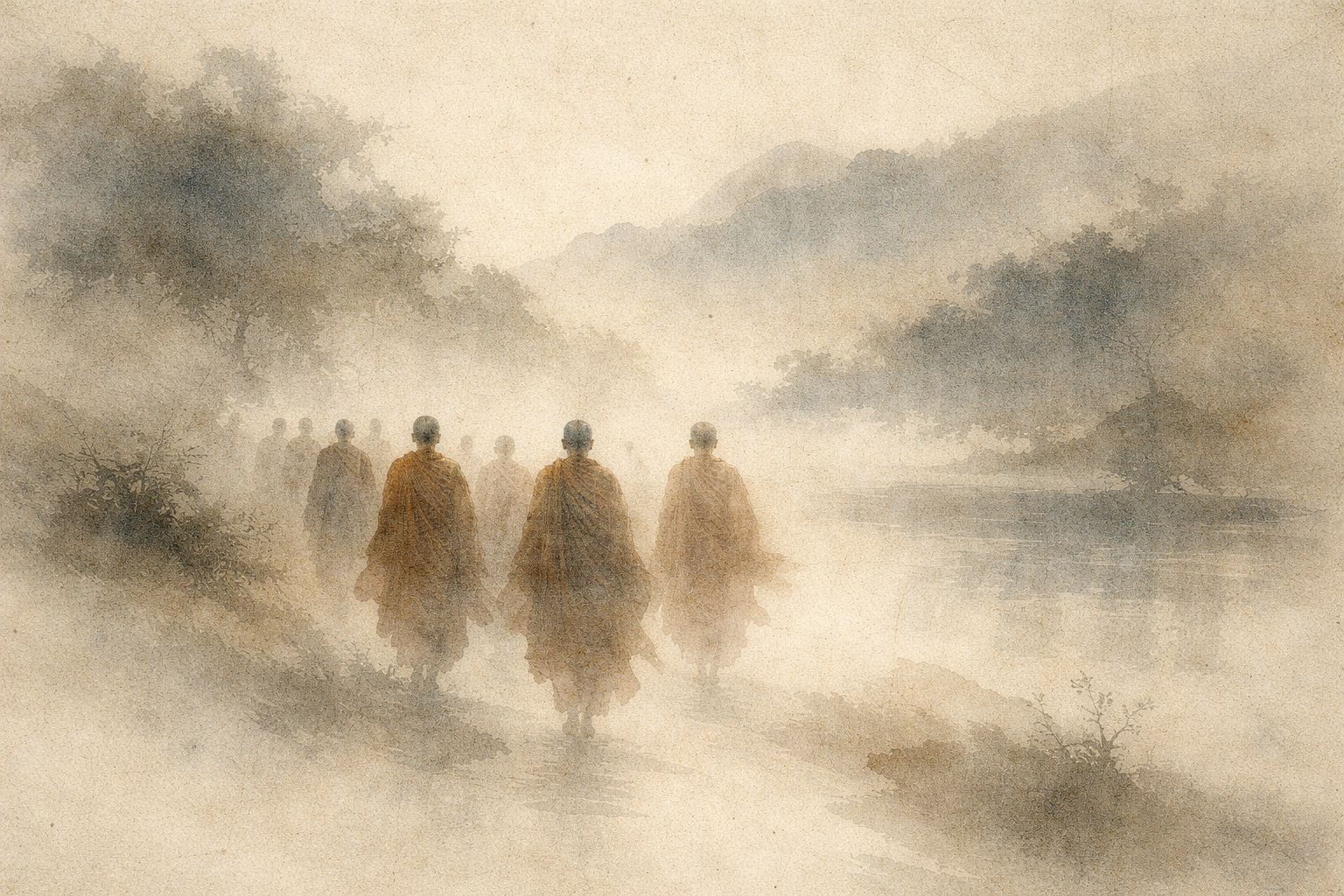 A small group of Buddhist monks walking quietly through a misty landscape, symbolizing the search for clarity and guidance during times of uncertainty
