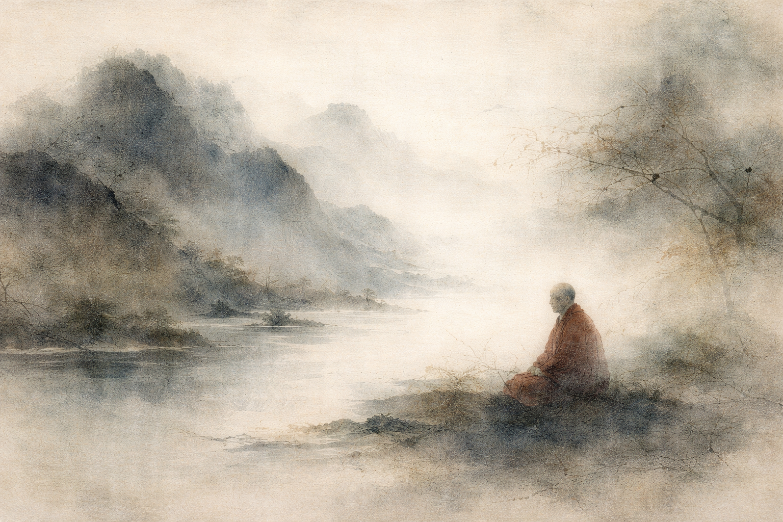 Abstract depiction of a solitary monk seated in quiet meditation beside a misty river and distant mountains, rendered in soft ink textures that evoke emotional release, stillness, and the gentle unfolding of feelings during meditation.