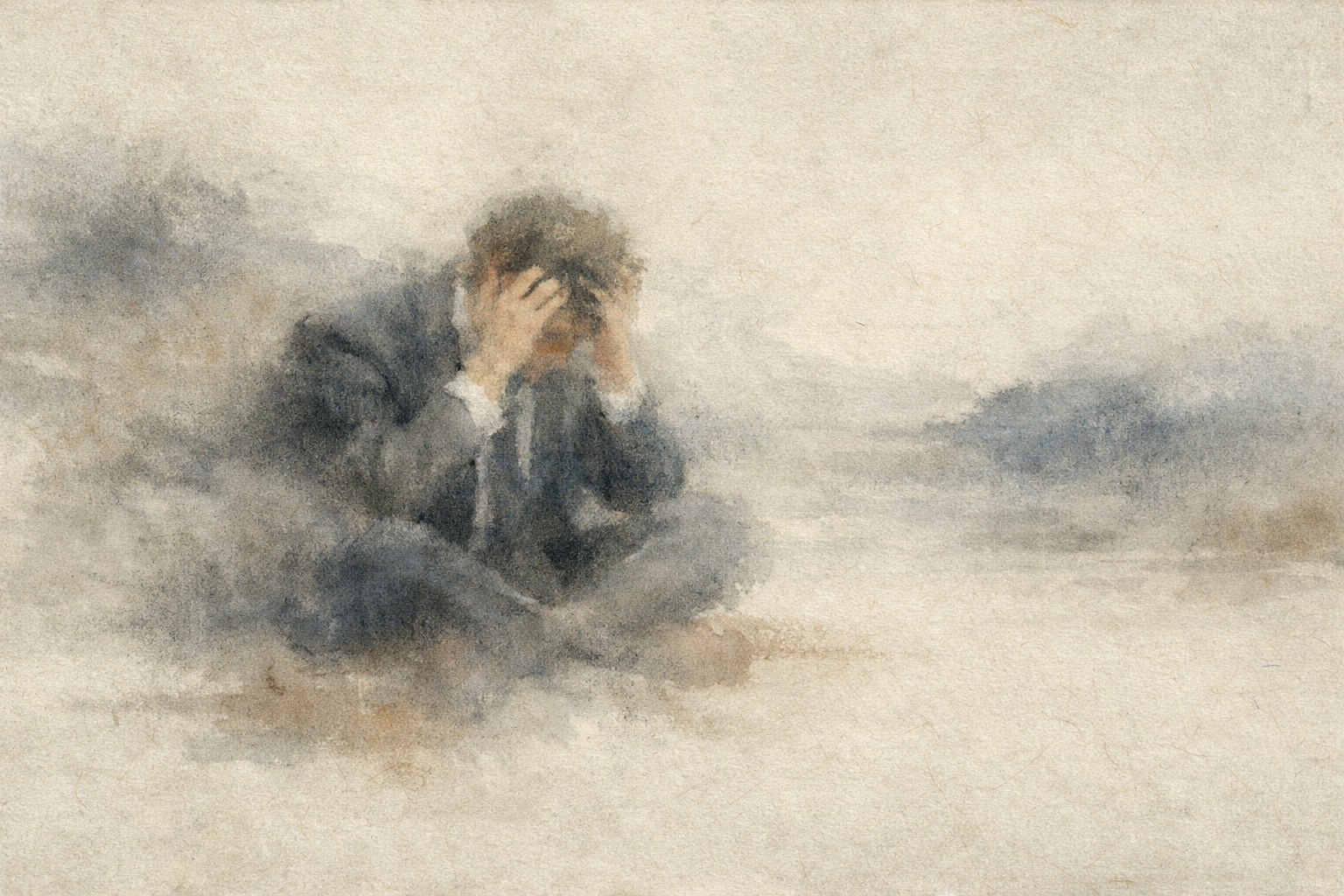 Abstract depiction of a person sitting in emotional overwhelm within a quiet, misty landscape, rendered in soft ink textures that evoke reflection, vulnerability, and the search for calm often associated with turning toward Buddhism after stress or loss.