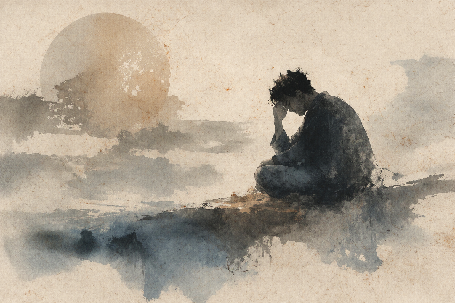Abstract depiction of a person sitting alone in contemplation against a muted landscape with a distant sun, rendered in soft ink textures that evoke restlessness, discomfort, and the quiet challenge often felt at the beginning of meditation.
