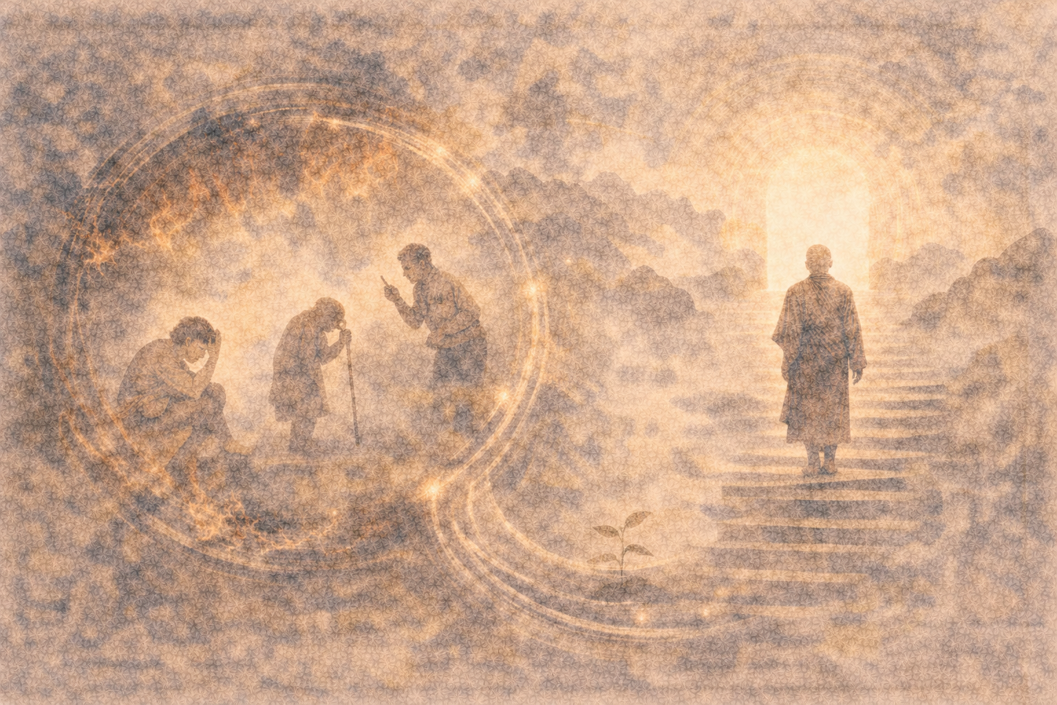 A solitary figure walking toward a soft light beyond a circular flow of human struggle and transformation, symbolizing the Buddhist aspiration to move beyond the repetitive cycle of suffering known as samsara