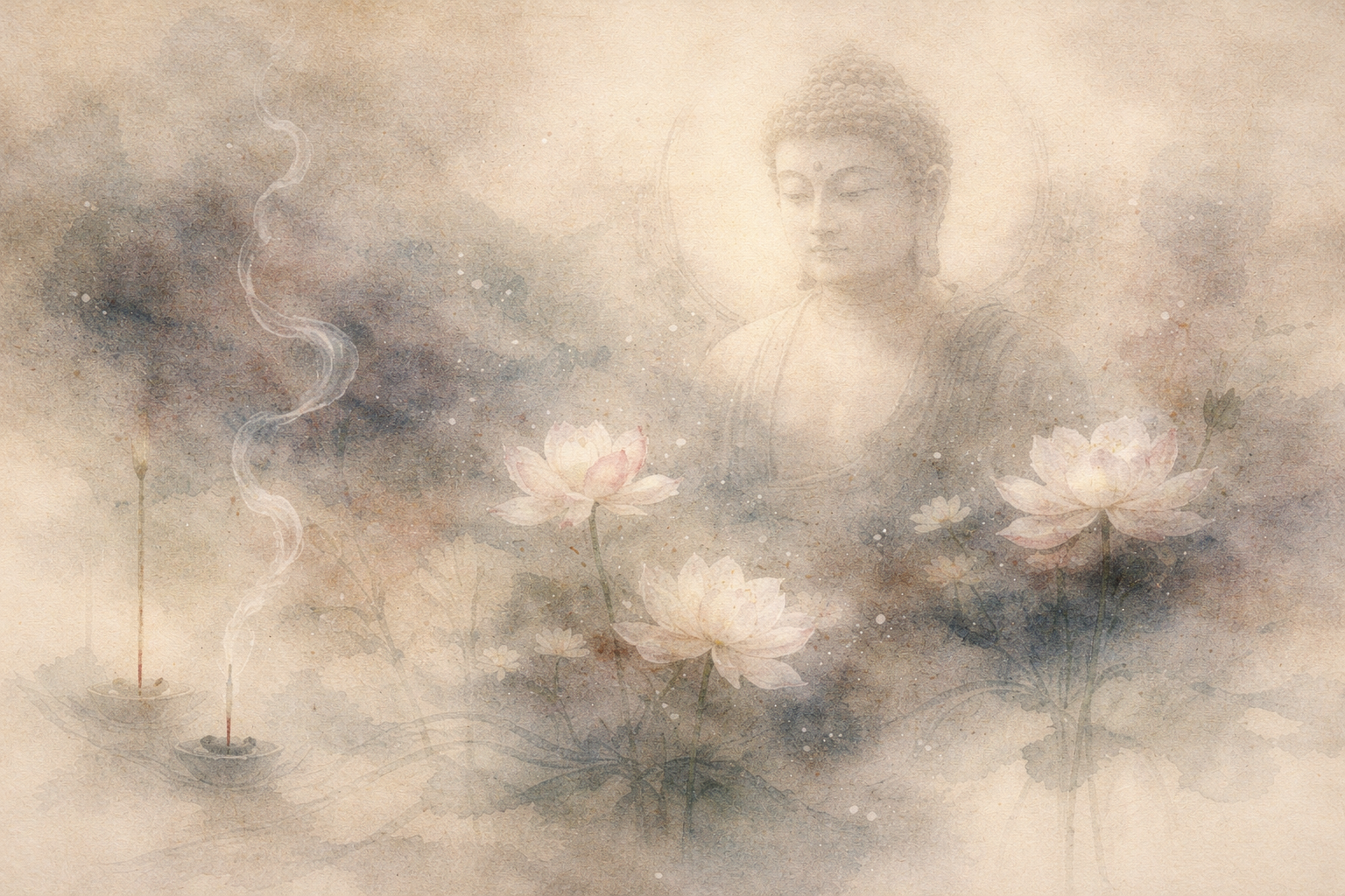 A soft, mist-like image of the Buddha emerging among fading lotus blossoms and drifting incense smoke, expressing the Buddhist teaching that all life continually changes and nothing remains fixed