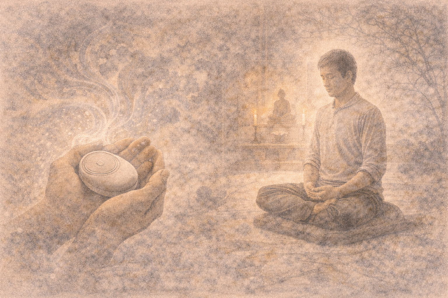 静かに瞑想する人物と、何かを差し出す手の対比が描かれた穏やかな情景。仏教における布施の大切さ、思いやり、与える心を象徴している