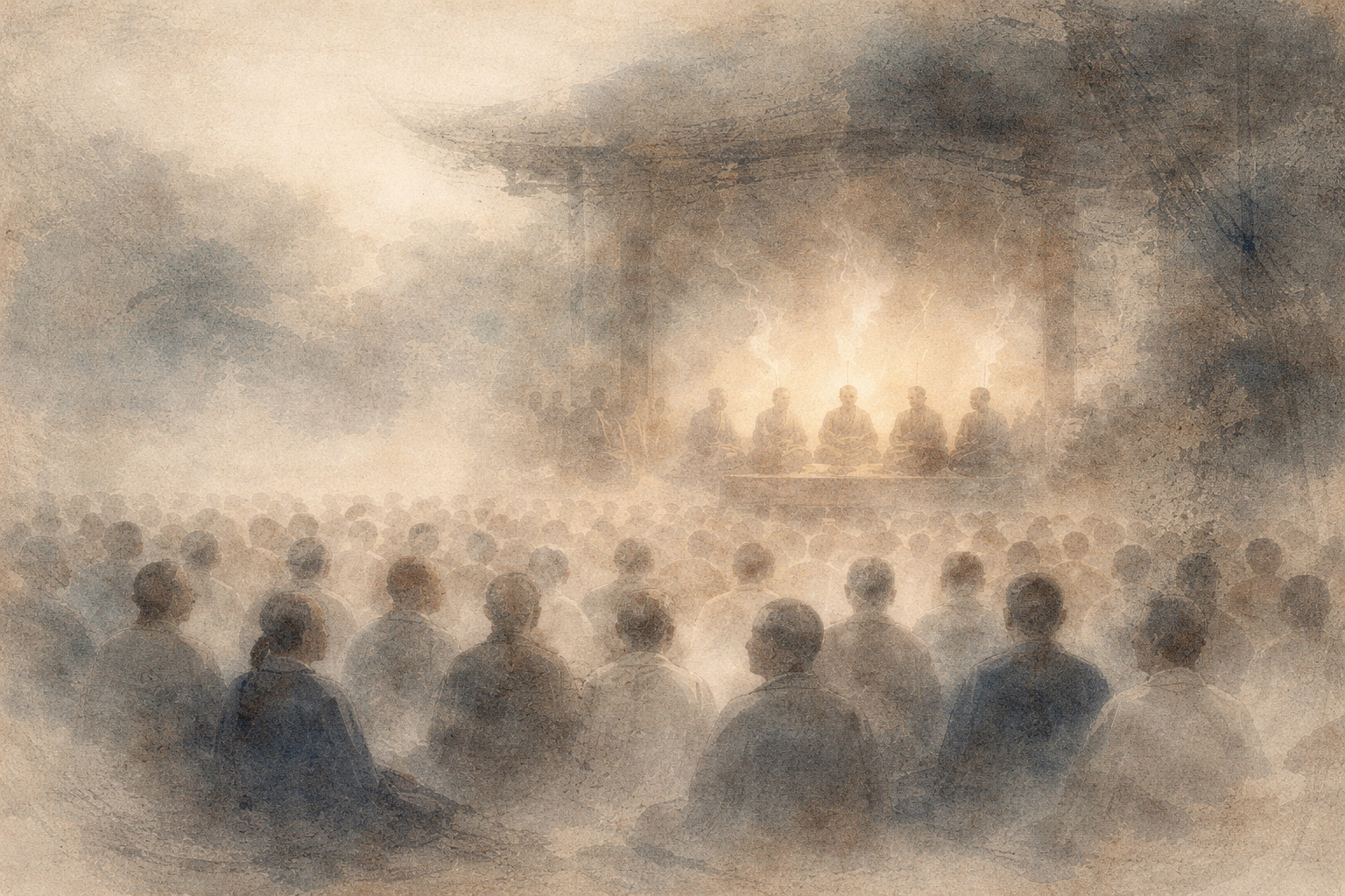 A large gathering listening to monks chanting within a softly illuminated temple space, expressing the shared rhythm and enduring resonance of the Heart Sutra in Buddhist practice