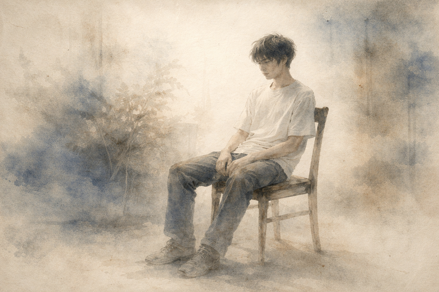 Abstract depiction of a person sitting quietly on a simple chair in a soft, empty space, rendered in gentle ink textures that evoke stillness, discomfort, and the challenge of being present without distraction.