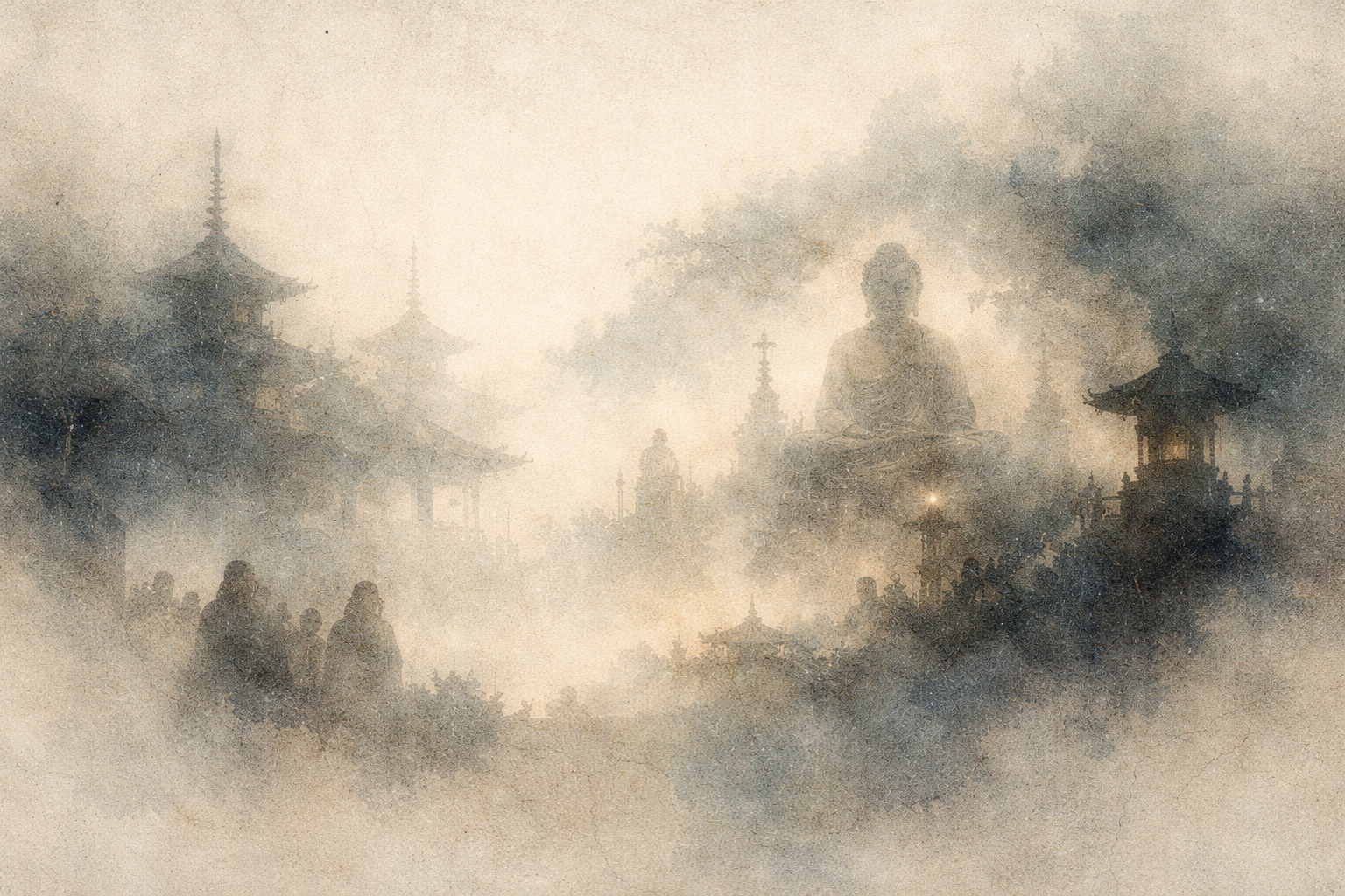 Softly faded temple rooftops and a quiet Buddha presence emerging through mist, suggesting how Japanese Buddhism blends gently into everyday life, subtle yet always present