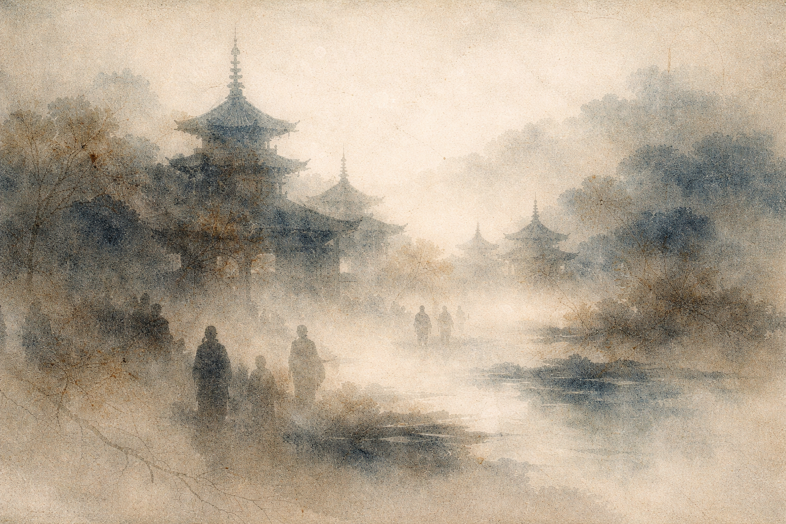 Softly layered temple silhouettes fading into mist with people moving quietly through the landscape, expressing how Japanese Buddhism often appears as part of everyday culture before being experienced as formal religion
