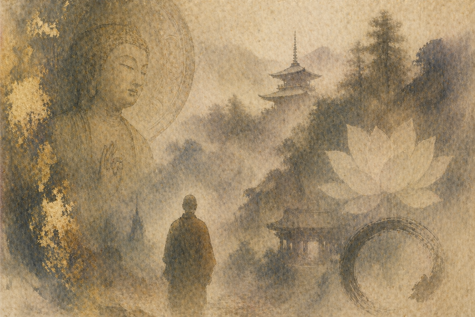 A contemplative scene of a lone monk standing in a misty sacred landscape, surrounded by temple structures, a pagoda, and symbolic imagery of the Buddha—reflecting the spiritual importance of Koyasan in Shingon Buddhism